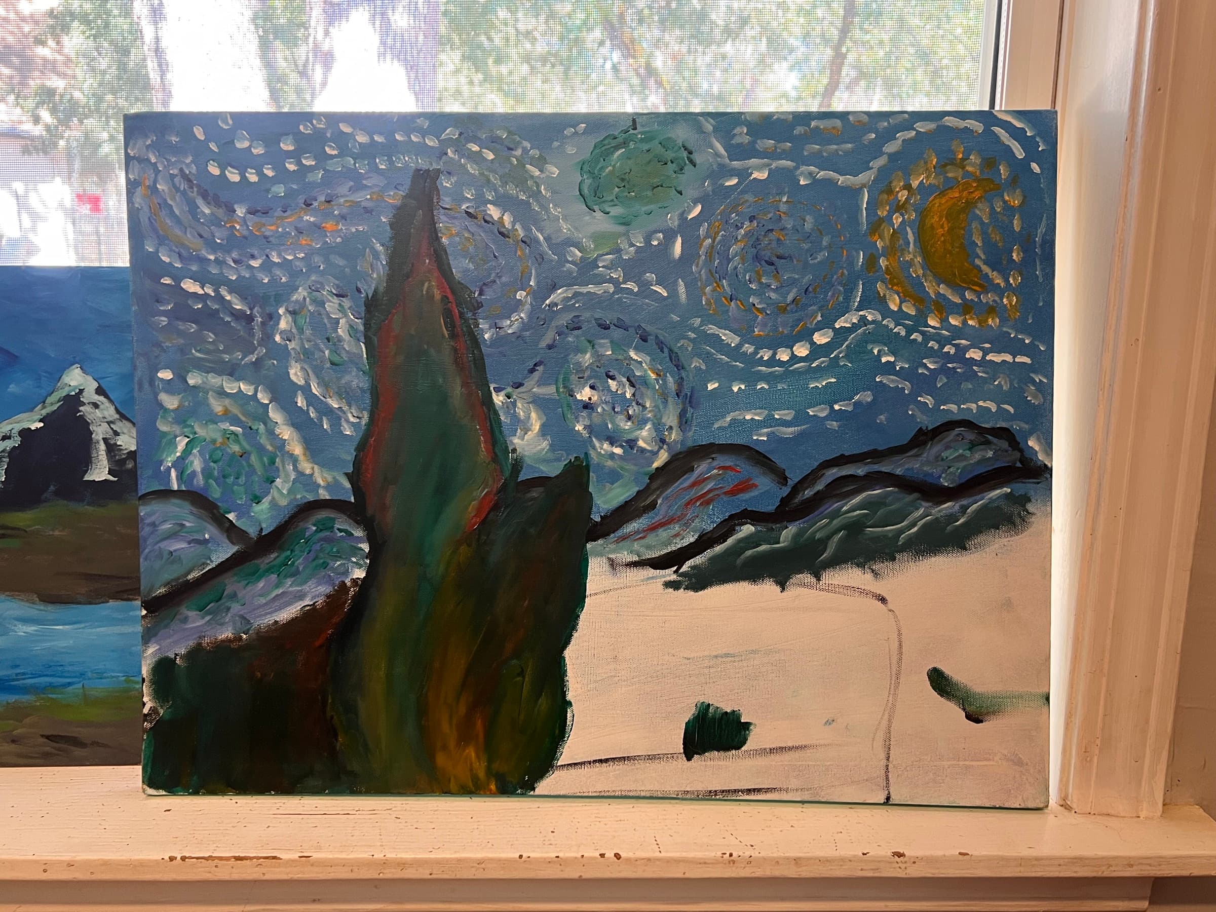 A painting of a swirling starry night sky with a crescent moon over mountains and a tall dark tree